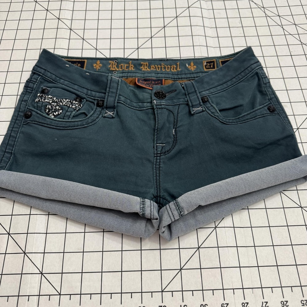 Rock Revival Shorts Womens 27 Denim Cuffed Hot‎ Pants Embroidered Pockets Logo